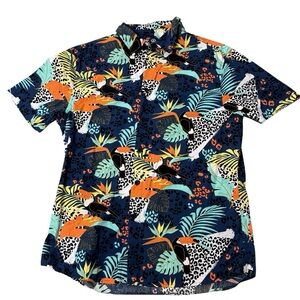 Neff‎ Hawaiian Button Down Short Sleeve Shirt Vibrant Tropical Toucan Print SZ L